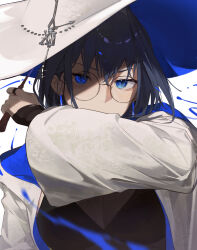 Rule 34 | 1girl, black hair, blue eyes, breasts, glasses, hat, hat ornament, highres, holding, holding wand, hololive, hololive english, large breasts, looking at viewer, ouro kronii, round eyewear, seistfu, solo, virtual youtuber, wand, white hat, witch, witch hat