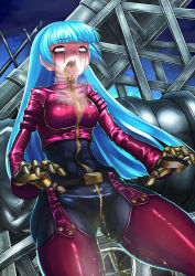 Rule 34 | 1girl, ass, belt, blue hair, blush, bodysuit, breasts, gloves, highres, kula diamond, long hair, long tongue, open mouth, pants, peeing, peeing self, punching, purple eyes, rolling eyes, runny makeup, ryona, saliva, shiny clothes, skin tight, snk, soramin, stomach punch, tears, the king of fighters, tight clothes, tight pants, tongue, tongue out, very long hair, vomit, zipper