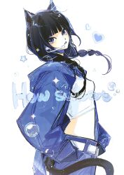 Rule 34 | 1girl, animal ears, arched back, belt, black hair, blue jacket, braid, bubble, cat ears, cat tail, crop top, haerin (newjeans), hands in pockets, headset, heart, highres, jacket, k-pop, newjeans, real life, rourow, solo, song name, star (symbol), tail, twin braids, white background, white belt