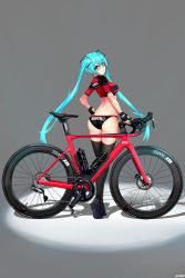 Rule 34 | 1girl, ass, back, bicycle, black hair, black thighhighs, blue eyes, blue hair, breasts, commentary, fingerless gloves, gloves, hair between eyes, hatsune miku, highres, huge ass, korean commentary, long hair, looking at viewer, shaojiang, smile, solo, thighhighs, tiptoes, twintails, very long hair, vocaloid, wide hips
