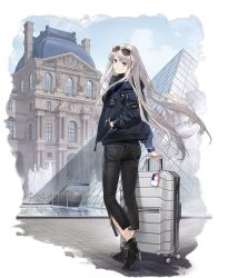 Rule 34 | 1girl, azur lane, black footwear, boots, denim, enterprise (azur lane), enterprise (bon voyage) (azur lane), eyewear on head, from behind, grin, hand in pocket, hao (patinnko), high heel boots, high heels, highres, holding, holding suitcase, jacket, jeans, long hair, looking at viewer, louvre pyramid, official alternate costume, official art, outdoors, pants, purple eyes, silver hair, smile, standing, suitcase, sunglasses, transparent background, watch, wristwatch