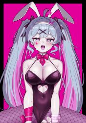 Rule 34 | 1girl, animal ears, black leotard, blue eyes, blue hair, breasts, cleavage, clothing aside, clothing cutout, covered navel, fake animal ears, female pubic hair, fishnet pantyhose, fishnets, hair ornament, hatsune miku, heart, heart-shaped pupils, heart cutout, highres, implied sex, large breasts, leotard, leotard aside, long hair, looking at viewer, open mouth, paid reward available, pantyhose, playboy bunny, pubic hair, pure pure (rabbit hole), rabbit ears, rabbit hole (vocaloid), rank alee, saliva, solo, sweat, symbol-shaped pupils, teardrop facial mark, torn clothes, torn pantyhose, twintails, very long hair, vocaloid, x hair ornament