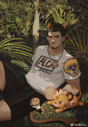 Rule 34 | 1boy, alca (wakatanka4), amo (amo9612), animal ears, beard, black hair, branch, chibi, extra ears, facial hair, forest, gyee, highres, jewelry, leaf, lion ears, lion tail, looking at viewer, lying, male focus, manly, mature male, nature, necklace, on back, original, outdoors, red eyes, shirt, short hair, shorts, spiked hair, t-shirt, tail, tiger, tree