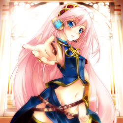 Rule 34 | 1girl, aqua eyes, bad id, bad pixiv id, belt, headset, long hair, megurine luka, midriff, navel, outstretched arm, outstretched hand, pink hair, reaching, shirokitsune, solo, thighhighs, very long hair, vocaloid