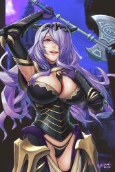 Rule 34 | 1girl, arm up, armor, axe, black armor, black panties, bodice, breasts, camilla (fire emblem), castle, cleavage, cowgirl position, fire emblem, fire emblem fates, hair over one eye, hybridmink, large breasts, long hair, open mouth, outdoors, panties, purple eyes, purple hair, solo, straddling, underwear, wavy hair