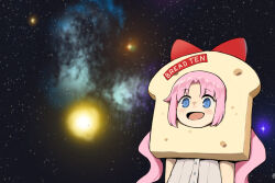 Rule 34 | 1girl, blue eyes, bread, bren ten (girls&#039; frontline), commentary, cropped, english commentary, english text, facing viewer, food, girls&#039; frontline, grey shirt, kion-kun, looking afar, open mouth, pink hair, shirt, solo, space, star (sky), upper body