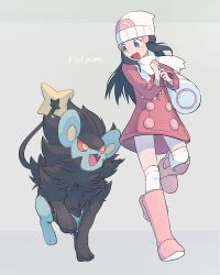 Rule 34 | 1girl, :d, bag, beanie, black hair, blue eyes, blue hair, blush, boots, buttons, character name, creatures (company), dawn (pokemon), dress, full body, game freak, gen 4 pokemon, grey background, hair ornament, hat, highres, long hair, long sleeves, luxray, nintendo, open mouth, pink footwear, pokemon, pokemon (creature), pokemon dppt, red dress, rifu (hunihuni1130), scarf, simple background, smile, thighhighs, white thighhighs, winter clothes