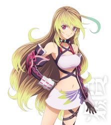 Rule 34 | 1girl, ahoge, bandeau, blonde hair, choker, dyed ahoge, gloves, green hair, hand on own hip, long hair, midriff, milla maxwell, multicolored hair, navel, official art, red eyes, simple background, skirt, smile, solo, tales of (series), tales of xillia, transparent background, two-tone hair, white background