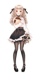 Rule 34 | 1girl, :d, absurdres, bird, black footwear, black pantyhose, black skirt, blush, commentary request, frilled skirt, frills, full body, hair ribbon, haruhitooo, highres, light brown hair, long hair, long sleeves, open mouth, original, pantyhose, pigeon-toed, red eyes, ribbon, ringlets, simple background, skirt, smile, solo, standing, tachi-e, white background