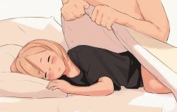Rule 34 | 1boy, 1girl, age difference, bad id, bad pixiv id, bed, bed sheet, blonde hair, blush, child, closed eyes, highres, i0525, lying, on side, original, pillow, shirt, short hair, sleeping, solo focus, t-shirt