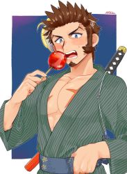 Rule 34 | 1boy, alternate costume, bad id, bad twitter id, blue eyes, blush, brown hair, candy apple, cross scar, eating, facial hair, fate/grand order, fate (series), food, goatee, green kimono, japanese clothes, kimono, long sideburns, looking at viewer, male focus, mask, unworn mask, napoleon bonaparte (fate), partially unbuttoned, pectoral cleavage, pectorals, scar, scar on chest, shitappa, short hair, sideburns, solo, sword, sword behind back, toned, toned male, weapon