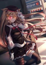 Rule 34 | 1girl, against wall, asymmetrical clothes, black hat, black serafuku, black skirt, blonde hair, blush, breasts, chain, gloves, glowing, glowing eyes, hair between eyes, hair flaps, hair ornament, hairclip, hat, heterochromia, highres, kantai collection, leaning back, looking at viewer, medium breasts, murasame (kancolle), outdoors, pleated skirt, red eyes, road, school uniform, serafuku, signature, single thighhigh, skirt, smile, solo, standing, street, thighhighs, two side up, white gloves, xfate, yellow eyes