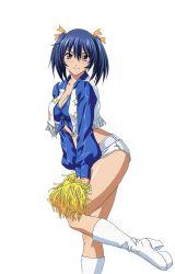 Rule 34 | 00s, 1girl, bashoku youjou, blue hair, boots, cheerleader, female focus, hair ornament, ikkitousen, looking at viewer, pom pom (cheerleading), short shorts, short twintails, shorts, simple background, solo, star (symbol), twintails, white background