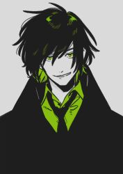 Rule 34 | 1boy, coat, collared shirt, green eyes, green hair, green theme, grey background, highres, keishin, looking at viewer, male focus, monochrome, necktie, original, shirt, simple background, smile, solo, upper body, wing collar