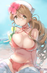 Rule 34 | 10s, 1girl, belly, bikini, breasts, brown eyes, brown hair, cleavage, drink, drinking straw, female focus, gradient background, highres, italia (kancolle), kantai collection, large breasts, littorio (kancolle), long hair, looking at viewer, naso4, sky, solo, swimsuit