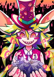 Rule 34 | 1girl, animal ears, blood, blood on hands, blush stickers, crazy eyes, creepy, death, fangs, green hair, hat, highres, leotard, mad rat dead, mouse (animal), mouse ears, multiple eyes, nippon ichi, notched ear, rat god, red eyes, top hat, wings