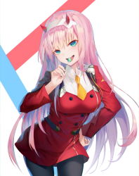 Rule 34 | 10s, 1girl, aqua eyes, bad id, bad pixiv id, black pantyhose, blue eyes, blush, breasts, candy, commentary request, cowboy shot, darling in the franxx, food, hairband, hand on own hip, head tilt, holding, horns, jacket, large breasts, leaning forward, lollipop, long hair, long sleeves, looking at viewer, necktie, open mouth, pantyhose, pink hair, red jacket, smile, solo, soya (torga), very long hair, yellow necktie, zero two (darling in the franxx)