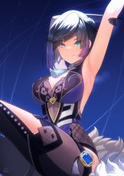 Rule 34 | 1girl, absurdres, acrylicstroke, armpits, arms up, black gloves, blue background, bodysuit, breasts, cleavage, closed mouth, clothing cutout, diagonal bangs, earrings, elbow gloves, feather-trimmed jacket, fishnets, genshin impact, gloves, grabbing own arm, green eyes, highres, jacket, unworn jacket, jewelry, large breasts, looking at viewer, multicolored hair, short hair, signature, simple background, sitting, smile, solo, sweat, two-tone hair, vision (genshin impact), white jacket, yelan (genshin impact)