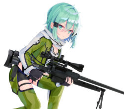 Rule 34 | 1girl, absurdres, anti-materiel rifle, aqua eyes, aqua hair, bad id, bad pixiv id, breasts, commentary request, fingerless gloves, gloves, gun, hair between eyes, hair ornament, hairclip, highres, holding, looking at viewer, medium breasts, rifle, scarf, short hair, short shorts, shorts, sidelocks, simple background, sinobi illust, sinon, sniper rifle, solo, sword art online, weapon, white background