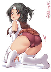 Rule 34 | 1girl, all fours, arm support, ass, black hair, breasts, brown eyes, brown sailor collar, buruma, clothes lift, detached sleeves, ebifurya, from behind, furrowed brow, headband, highres, kantai collection, large breasts, looking at viewer, nagara (kancolle), one side up, parted bangs, pleated skirt, red skirt, sailor collar, school uniform, serafuku, short hair, skindentation, skirt, skirt lift, solo, thighhighs, thighs, white background, white thighhighs