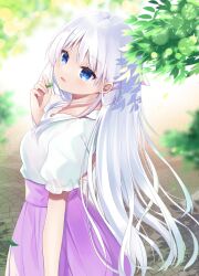 Rule 34 | 1girl, bloom, blue eyes, blurry, blush, commentary request, cowboy shot, day, depth of field, eyelashes, eyes visible through hair, frilled sleeves, frills, hair between eyes, hair ornament, hairclip, hand up, highres, holding, holding leaf, leaf, long hair, looking up, naruse shiroha, open mouth, outdoors, park, puffy short sleeves, puffy sleeves, purple skirt, shirt, short sleeves, skirt, smile, solo, standing, straight hair, summer pockets, very long hair, white hair, white shirt, yutori z71