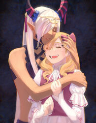 Rule 34 | 2girls, :d, babykatafan, bare arms, bare shoulders, blue background, closed eyes, commentary, fire emblem, fire emblem engage, hair over one eye, highres, horns, hug, long hair, long sleeves, marni (fire emblem), multiple girls, nintendo, open mouth, pink vest, pointy ears, shirt, smile, upper body, very long hair, vest, white hair, white shirt, zephia (fire emblem)