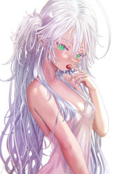 Rule 34 | antenna hair, antennae, breasts, cleavage, dress, eating, elf, food, fruit, green eyes, highres, kein hasegawa, long hair, looking at viewer, no bra, off shoulder, original, pointy ears, small breasts, strawberry, very long hair, white dress, white hair