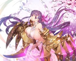 Rule 34 | 10s, 1girl, bare shoulders, branch, breasts, cherry blossoms, claws, cleavage, fate/extra, fate/extra ccc, fate (series), hair ribbon, huge breasts, leaning forward, lips, long hair, looking at viewer, o-ring, o-ring top, open mouth, oversized object, passionlip (fate), passionlip (third ascension) (fate), purple eyes, purple hair, ribbon, ripples, shiny skin, sideboob, skindentation, solo, teddy (khanshin), thighhighs, thighs, very long hair, white thighhighs