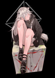 Rule 34 | animal ear fluff, animal ears, arknights, black background, black footwear, black hair, black jacket, character name, closed eyes, closed mouth, commentary, gloves, hair between eyes, hair ornament, hairclip, head on knees, highres, jacket, krin (krinnin), lappland (arknights), long hair, partially fingerless gloves, scar, scar across eye, scar on face, shoes, silver hair, simple background, sitting, tail, very long hair