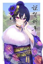 1girl absurdres alternate_costume blue_hair blush border choker commentary double-parted_bangs ear_piercing earrings floral_print floral_print_kimono fur_scarf furisode hair_bun hair_ornament happy_new_year highres ichinose_uruha japanese_clothes jewelry kanzashi kimono looking_at_viewer muton_(muton82) nengajou new_year obi obiage obidome obijime parted_lips photo_background piercing purple_eyes purple_kimono sash short_hair signature single_hair_bun solo translated tsumami_kanzashi tucking_hair upper_body virtual_youtuber vspo! white_border