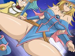 Rule 34 | 1boy, 1girl, bare legs, bare shoulders, blonde hair, blush, blush stickers, breasts, cleavage, dark magician girl, fangs, glasses, green eyes, hat, highres, large breasts, legs, lento (glamour works), long hair, marufuji sho, partially visible vulva, serious, shiny skin, wizard hat, yu-gi-oh!, yu-gi-oh! duel monsters, yu-gi-oh! gx
