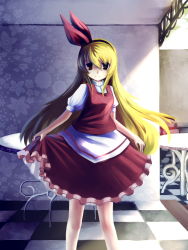 Rule 34 | 1girl, apron, blonde hair, bow, breasts, ellen (touhou), frilled skirt, frills, hair bow, happy, lamase (41), long hair, looking at viewer, red bow, red eyes, red skirt, red vest, shirt, short sleeves, skirt, skirt hold, small breasts, smile, standing, touhou, touhou (pc-98), vest, white apron, white shirt
