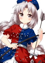 Rule 34 | 1girl, arrow (projectile), belt, black skirt, blue dress, blue hat, bow, bow (weapon), braid, closed mouth, constellation, constellation print, cross, dress, grey eyes, hat, highres, holding, holding arrow, holding bow (weapon), holding weapon, long hair, looking at viewer, multicolored clothes, multicolored dress, nurse cap, red cross, red dress, ribbon-trimmed skirt, ribbon trim, ruu (tksymkw), short sleeves, silver hair, simple background, single braid, skirt, smile, solo, standing, touhou, trigram, two-tone dress, very long hair, weapon, white background, white belt, white bow, yagokoro eirin