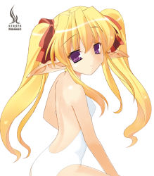 Rule 34 | 1girl, blonde hair, casual one-piece swimsuit, elf, halterneck, himukai kyousuke, looking back, one-piece swimsuit, pointy ears, purple eyes, simple background, smile, solo, swimsuit, twintails, white one-piece swimsuit