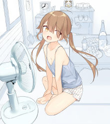 Rule 34 | 1girl, barefoot, brown hair, camisole, electric fan, feet, highres, long hair, open mouth, shorts, soles, toes, twintails, yellow eyes