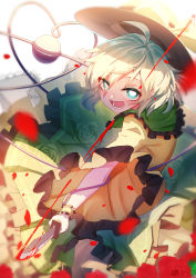 Rule 34 | 1girl, black hat, blood, bow, bright pupils, chinese commentary, commentary request, floral print, flower, green eyes, green hair, green skirt, hat, hat bow, heart, heart of string, highres, holding, holding knife, knife, komeiji koishi, open mouth, petals, qys3, red flower, red rose, revision, rose, rose petals, shirt, short hair, simple background, skirt, smile, solo, third eye, touhou, white background, wrist cuffs, yellow bow, yellow shirt