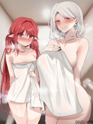 Rule 34 | 2girls, after bathing, animal ears, bare shoulders, black nails, blush, breasts, collarbone, dolechan, dungeon and fighter, female mage (dungeon and fighter), grey hair, large breasts, long hair, looking at viewer, medium breasts, multiple girls, nail polish, naked towel, parted lips, pointy ears, red eyes, red hair, seria kirmin, smile, steam, sweat, thigh gap, thighs, towel, twintails, very long hair, wet