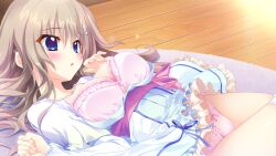 Rule 34 | 1girl, 9-nine-, :o, blue eyes, blush, bow, bow panties, bra, breasts, clothes lift, dress, dress lift, frilled bra, frilled dress, frilled sleeves, frills, game cg, hair ornament, highres, izumi tsubasu, jewelry, kujou miyako, light brown hair, long hair, long sleeves, looking to the side, medium breasts, necklace, on floor, open clothes, open dress, panties, parted lips, pink bra, pink panties, rug, solo, thighhighs, underwear, white thighhighs, wooden floor