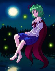 Rule 34 | 1girl, absurdres, antennae, barefoot, blue shorts, breasts, brown cape, cape, closed mouth, collared shirt, crossed legs, expressionless, feet, fireflies, frilled shorts, frilled sleeves, frills, full body, full moon, green eyes, green hair, highres, long sleeves, looking at viewer, medium breasts, moon, night, outdoors, reflection, reflective water, resolution mismatch, shirt, short hair, shorts, solo, source larger, toenails, toes, touhou, water, watson cross, white shirt, wriggle nightbug, zawabug