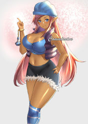 Rule 34 | 1girl, blue eyes, breasts, dark-skinned female, dark skin, freckles on breasts, genm7, hand on own hip, hat, highres, huge breasts, long hair, looking at viewer, midriff, navel, original, pink hair, pointy ears, smile, solo, thick thighs, thighhighs, thighs