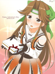 Rule 34 | 10s, 1girl, black gloves, blush, box, brown eyes, brown hair, dated, detached sleeves, forehead protector, gift, gift box, gloves, hachimaki, hair intakes, half updo, happy valentine, headband, jintsuu (kancolle), jintsuu kai ni (kancolle), kantai collection, kisaragi hina, long hair, looking at viewer, open mouth, solo, sparkle, twitter username, valentine