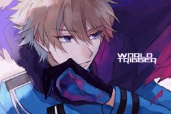 Rule 34 | 1boy, black gloves, blue eyes, blue gloves, brown hair, cape, close-up, copyright name, gloves, hyuse, long sleeves, looking away, looking to the side, male focus, solo, spoilers, standard666, torn cape, torn clothes, two-tone gloves, uniform, world trigger