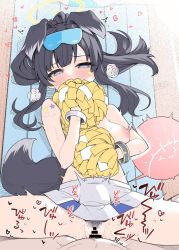 Rule 34 | 1girl, alternate hairstyle, animal ears, binsen, black hair, blue archive, blush, breasts, cheerleader, commentary request, covering own mouth, cum, cum in pussy, dog ears, fertilization, goggles, hibiki (blue archive), hibiki (cheer squad) (blue archive), highres, impregnation, looking at viewer, medium breasts, millennium cheerleader outfit (blue archive), missionary, official alternate costume, ovum, pom pom (cheerleading), pov, sex, solo focus