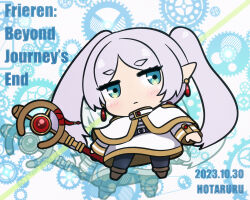 Rule 34 | 1girl, arms at sides, artist name, black pantyhose, blue background, blush, boots, brown footwear, capelet, chibi, closed mouth, copyright name, dated, earrings, elf, english text, expressionless, eyebrows, eyelashes, female focus, floating, frieren, full body, green eyes, holding, holding staff, hotaruru, jewelry, levitation, long hair, long sleeves, looking at viewer, pantyhose, pointy ears, simple background, solo, sousou no frieren, staff, thick eyebrows, tunic, twintails, two-tone background, two-tone capelet, two-tone tunic, watermark, white background, white capelet, white hair, white tunic, yellow capelet, yellow tunic, zoom layer
