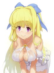 Rule 34 | 1girl, absurdres, bare shoulders, bent over, blonde hair, blue ribbon, blush, breasts, cleavage, cleavage cutout, closed mouth, clothing cutout, collarbone, covered erect nipples, cowboy shot, dress, eyelashes, hair ribbon, halter dress, halterneck, hanging breasts, highres, kono yuusha ga ore tueee kuse ni shinchou sugiru, large breasts, leaning forward, long hair, looking at viewer, mumumuka, no bra, purple eyes, ribbon, ristarte (kono yuusha ga ore tueee kuse ni shinchou sugiru), sidelocks, simple background, skindentation, sleeveless, sleeveless dress, smile, solo, v arms, wet, wet clothes, wet dress, white background, white dress