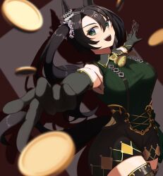 Rule 34 | 1girl, :d, animal ears, black gloves, black hair, black shorts, black sweater, ear ornament, elbow gloves, from side, gloves, green eyes, highres, horse ears, horse girl, long hair, looking at viewer, multicolored hair, open mouth, poker chip, ribbed sweater, satono crown (umamusume), shorts, side ponytail, sleeveless, sleeveless sweater, smile, solo, streaked hair, suspenders, sweater, tarf, umamusume