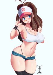 Rule 34 | 1girl, alternate breast size, artist name, bare shoulders, baseball cap, black panties, black thighhighs, blue eyes, breasts, brown hair, cleavage, collarbone, covered erect nipples, creatures (company), crop top, denim, denim shorts, game freak, hat, head tilt, highres, hilda (pokemon), large breasts, long hair, navel, nintendo, no bra, panties, pokemon, pokemon bw, ponytail, shirt, shorts, signature, simple background, smile, solo, stomach, string panties, thigh gap, thighhighs, thighs, tiger1001, underwear, v, vest, white hat, white shirt, wristband