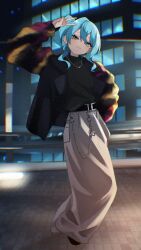 Rule 34 | 1girl, aqua nails, belt, bibideba (hololive), black belt, black jacket, black sweater, building, chain, chromatic aberration, dancing, full body, fur sleeves, green eyes, highres, hololive, hoshimachi suisei, jacket, jewelry, long hair, looking at viewer, multicolored clothes, multicolored jacket, necklace, night, outdoors, pants, side ponytail, smug, solo, star (symbol), star in eye, sweater, symbol in eye, uni (maru231), v, virtual youtuber, white pants