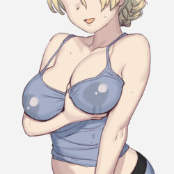 Rule 34 | 1girl, :d, bare shoulders, blonde hair, blue shirt, breast lift, breast milk, breasts, camisole, cleavage, collarbone, covered erect nipples, darjeeling (girls und panzer), girls und panzer, grabbing own breast, highres, lactation, lactation through clothes, large breasts, milk, onsen tamago (hs egg), open mouth, shirt, short hair, simple background, sleeveless, smile, solo, standing, sweatdrop, white background