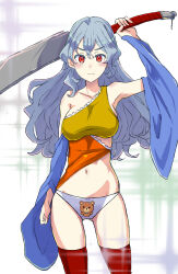 Rule 34 | 1girl, adapted costume, animal print, arm up, bare shoulders, bear print, blue sleeves, blush, breasts, closed mouth, collarbone, commentary request, cowboy shot, detached sleeves, double-parted bangs, dress, frilled dress, frills, grey hair, highres, holding cleaver, jack (wkm74959), large breasts, light frown, long hair, looking at viewer, multicolored clothes, multicolored dress, nata (tool), navel, panties, red eyes, red thighhighs, sakata nemuno, single-shoulder dress, solo, sparkle, standing, thighhighs, touhou, underwear, v-shaped eyebrows, wavy hair, white background, white panties
